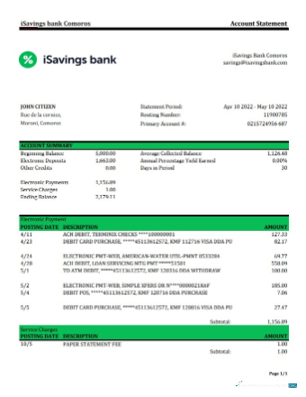 Download Comoros iSavings bank statement excel Photoshop template